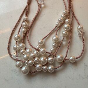 Long Multi-Strand Pearl Beaded Cord Necklace 36" Neutral Boho‎ Layered Statement
